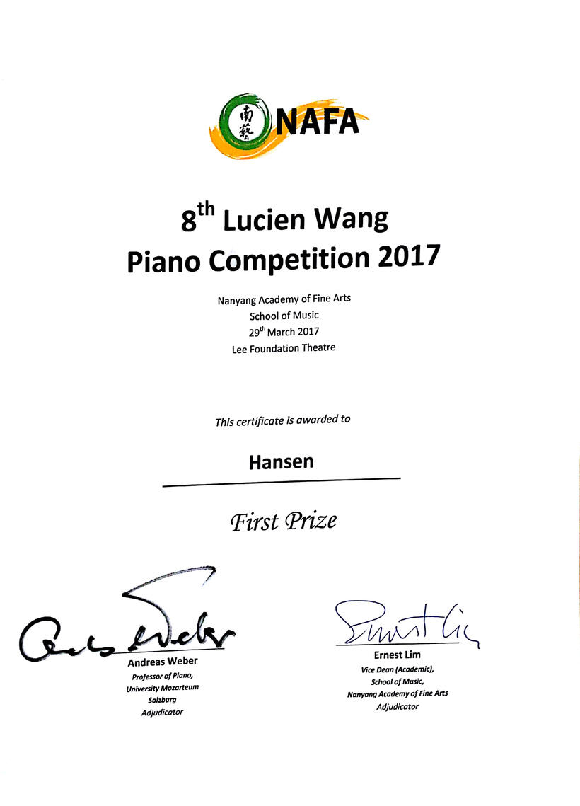 First Prize Lucien Wang Piano Competition in 2017