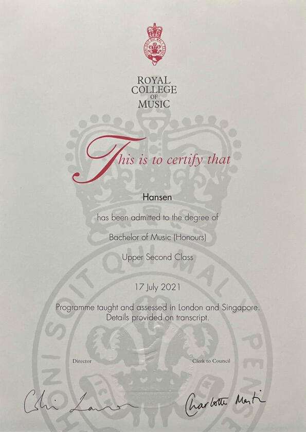 Bachelor of Music with Honors in Piano Performance from the Royal College of Music London