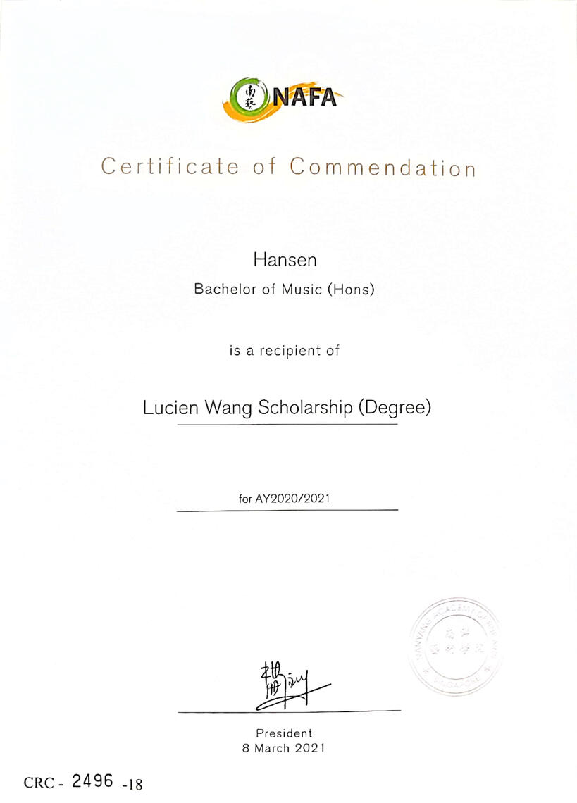 Lucien Wang Scholarship for Bachelor of Music (Hons)