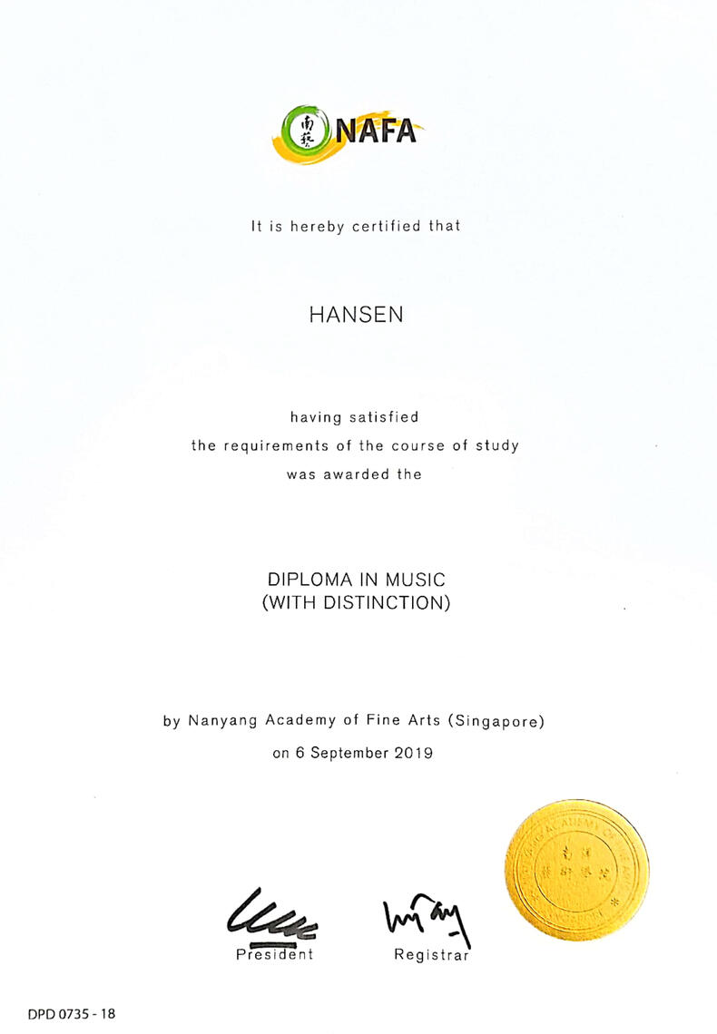 NAFA Diploma in Music (Piano Performance) with Distinction
